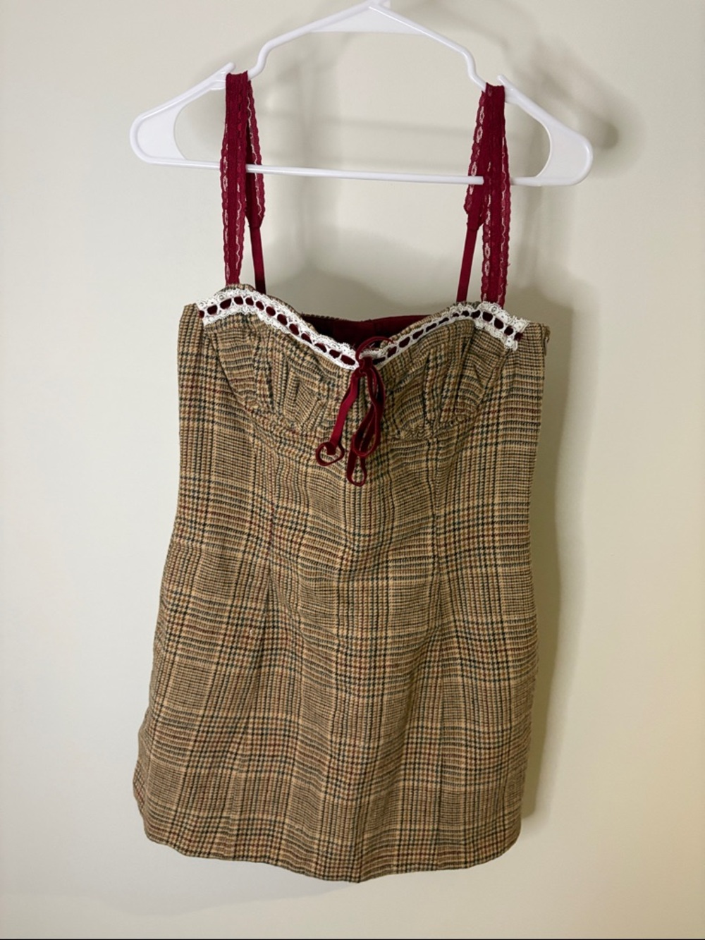 With Jean Plaid Tan Mini Dress with Burgundy Straps and White Trim